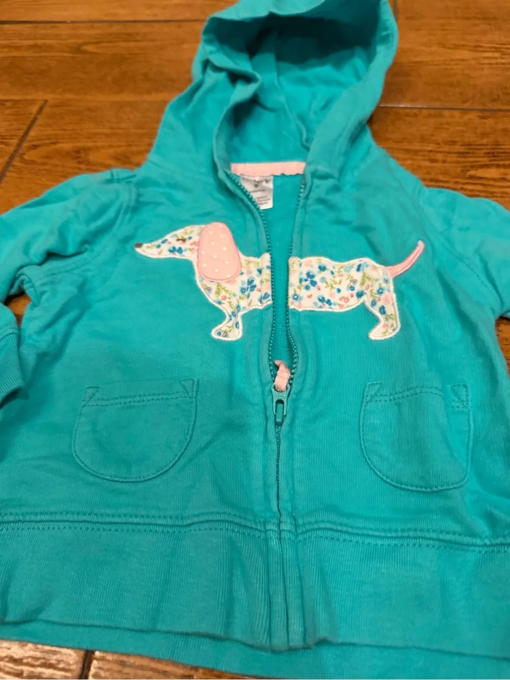 Kids Teal Hooded Zip-Up Sweatshirt with Dachshund Applique Carters brand 9 mo